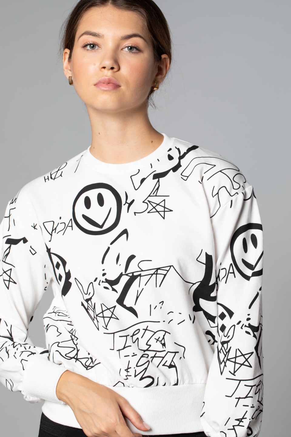 Karışık Desen Baskılı Sweat-Ekru