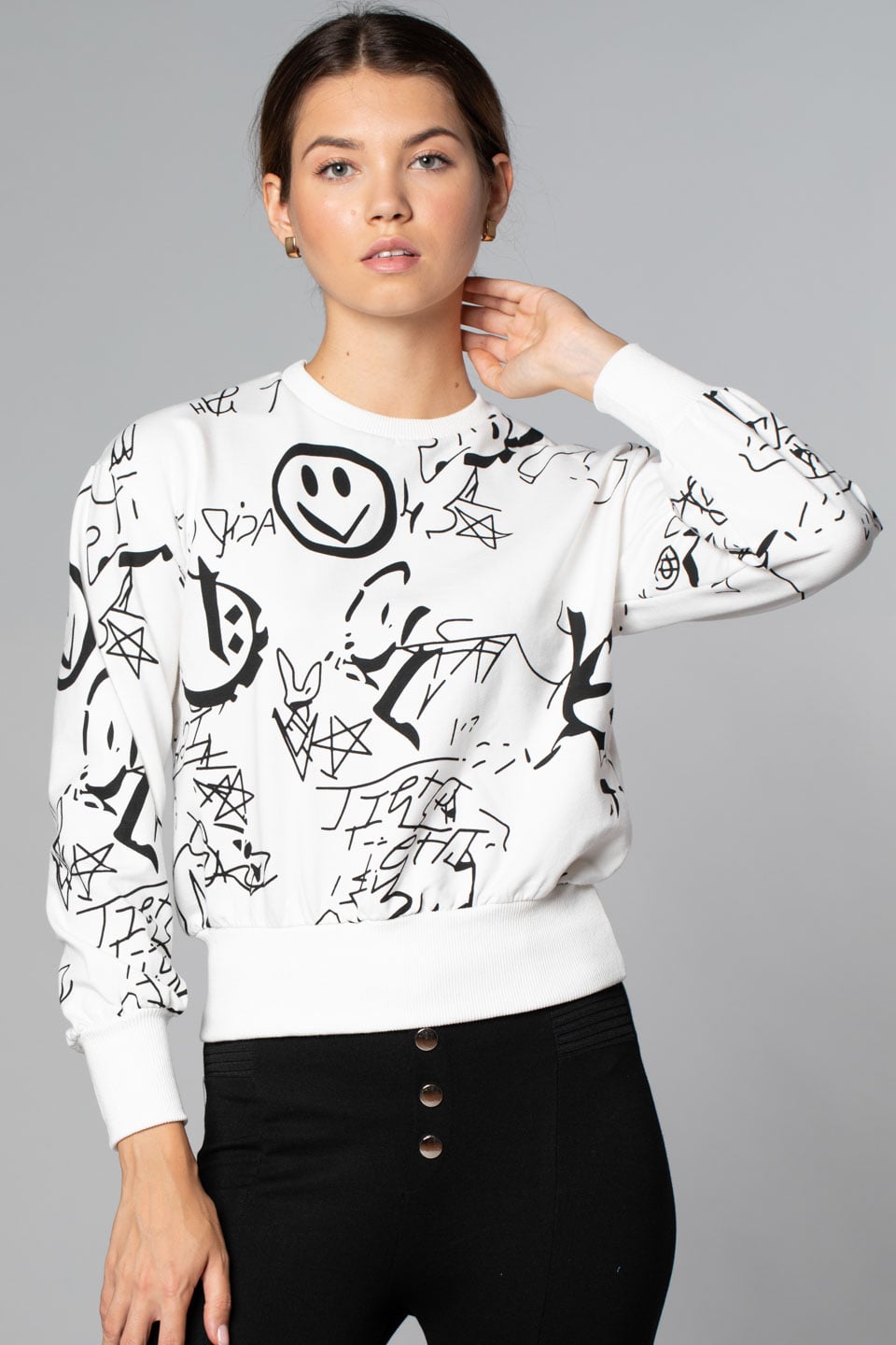 Karışık Desen Baskılı Sweat-Ekru