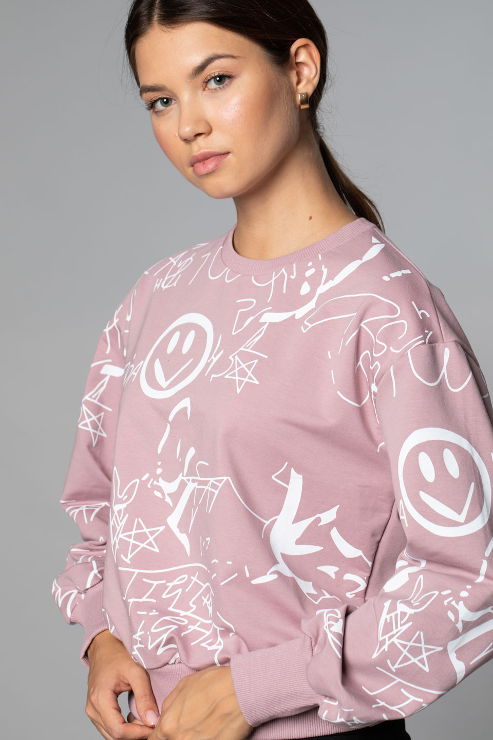 Karışık Desen Baskılı Sweat-Gül