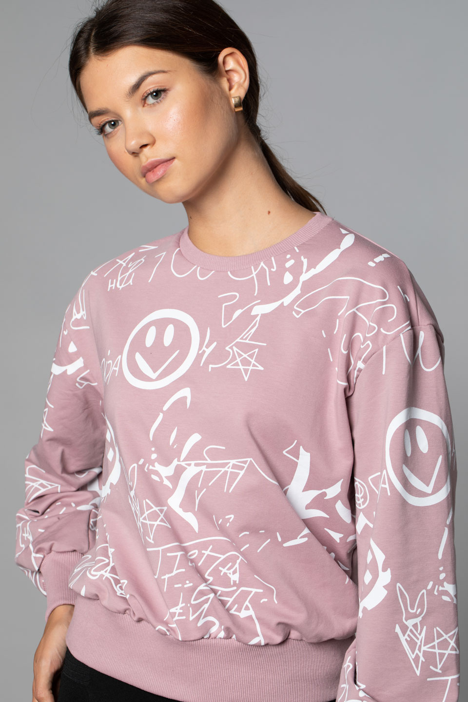 Karışık Desen Baskılı Sweat-Gül