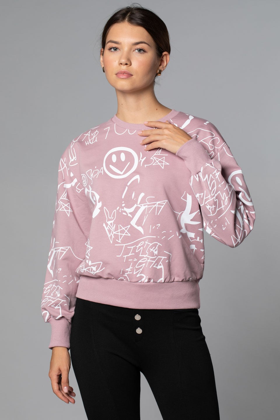 Karışık Desen Baskılı Sweat-Gül