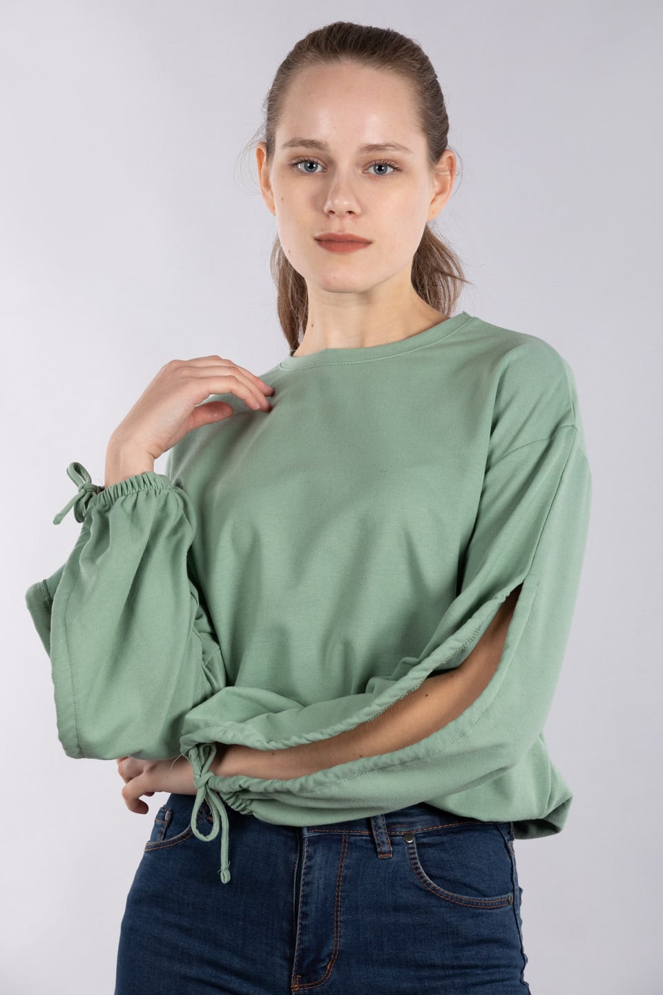Karpuz kol bağlamalı sweatshirt-7308 Mint