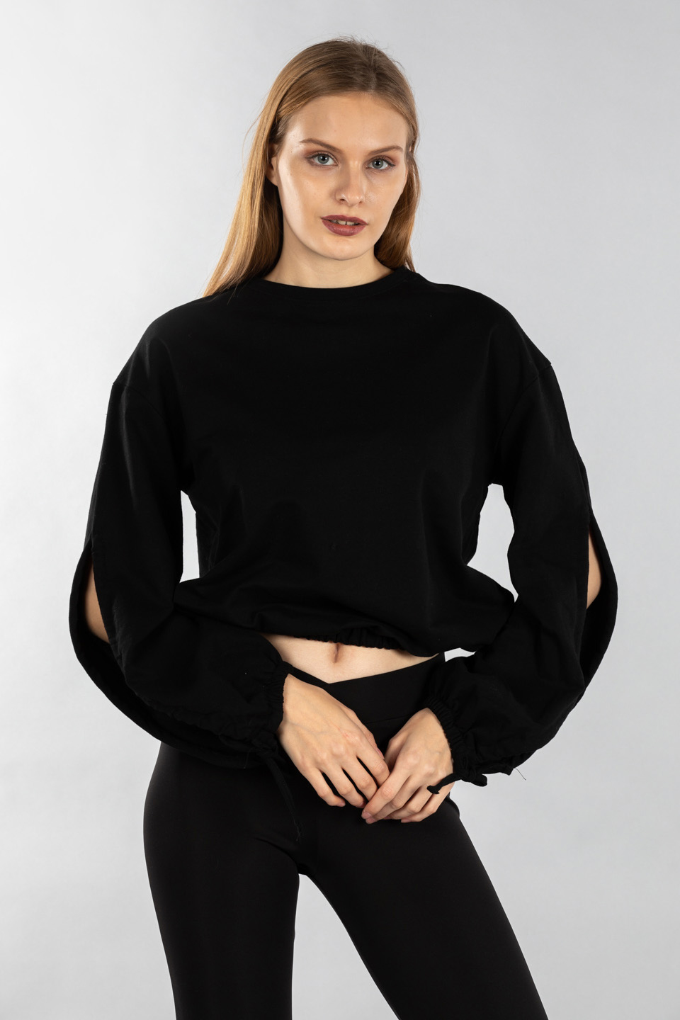 Karpuz kol bağlamalı sweatshirt-7308 Siyah