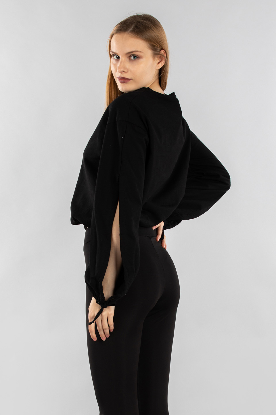 Karpuz kol bağlamalı sweatshirt-7308 Siyah