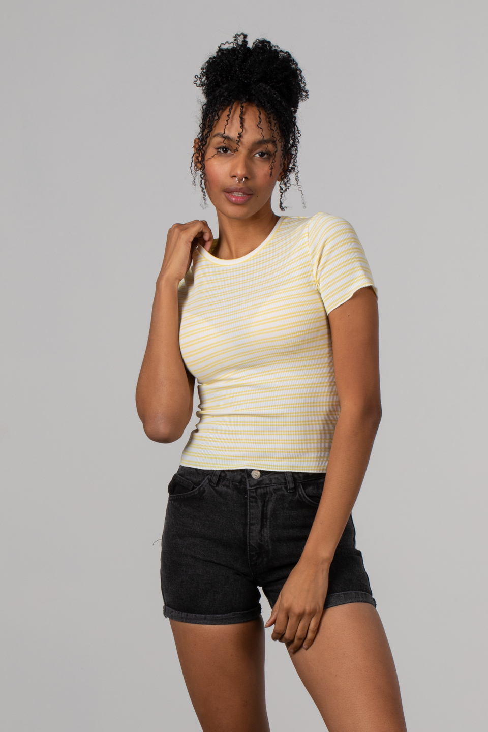 Kaşkorse çizgili t-shirt-S0011453 Sarı