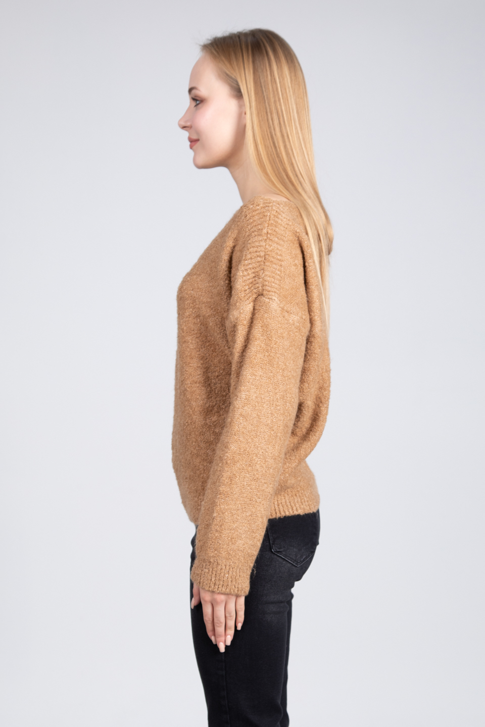 Kayık yaka buklet kazak-4044 Camel