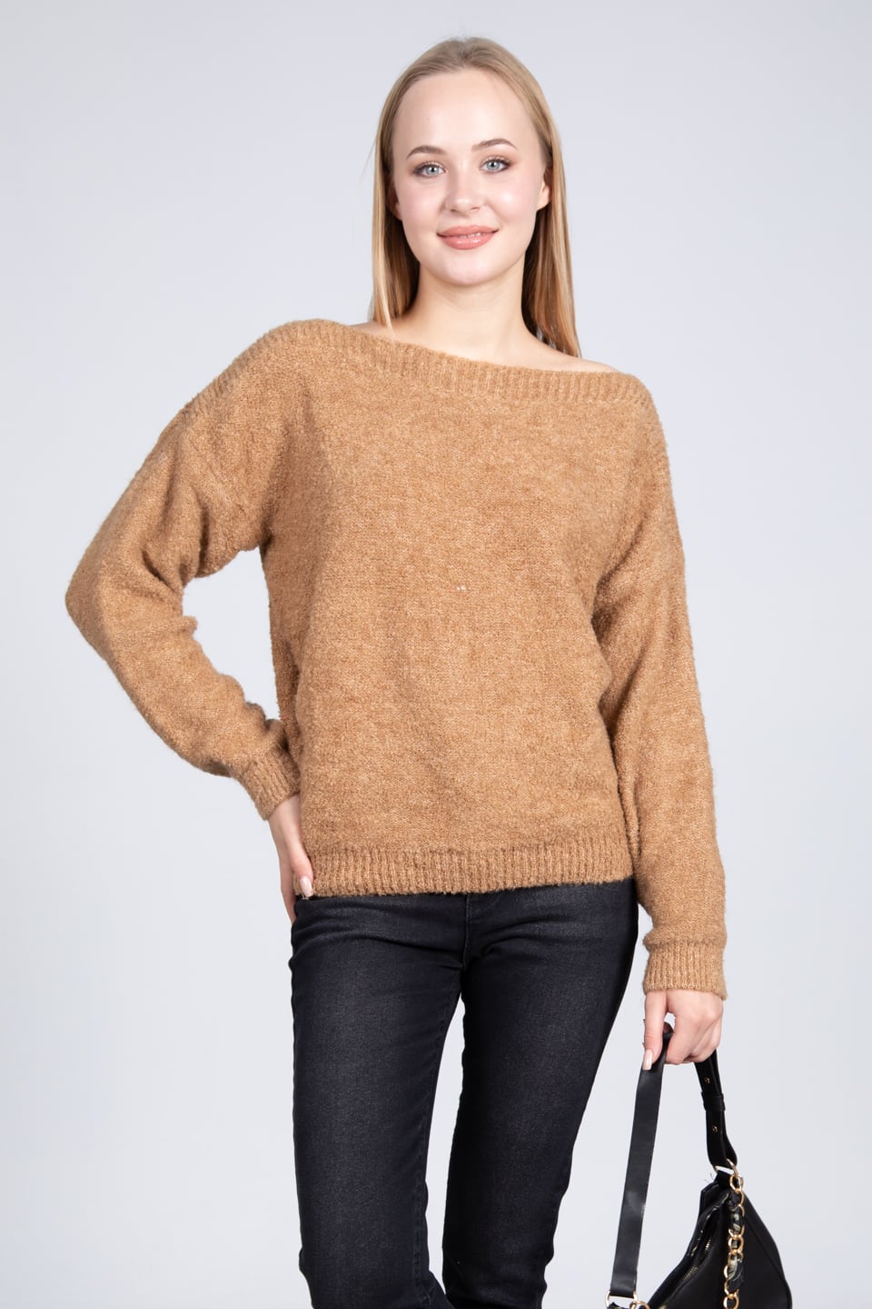 Kayık yaka buklet kazak-4044 Camel