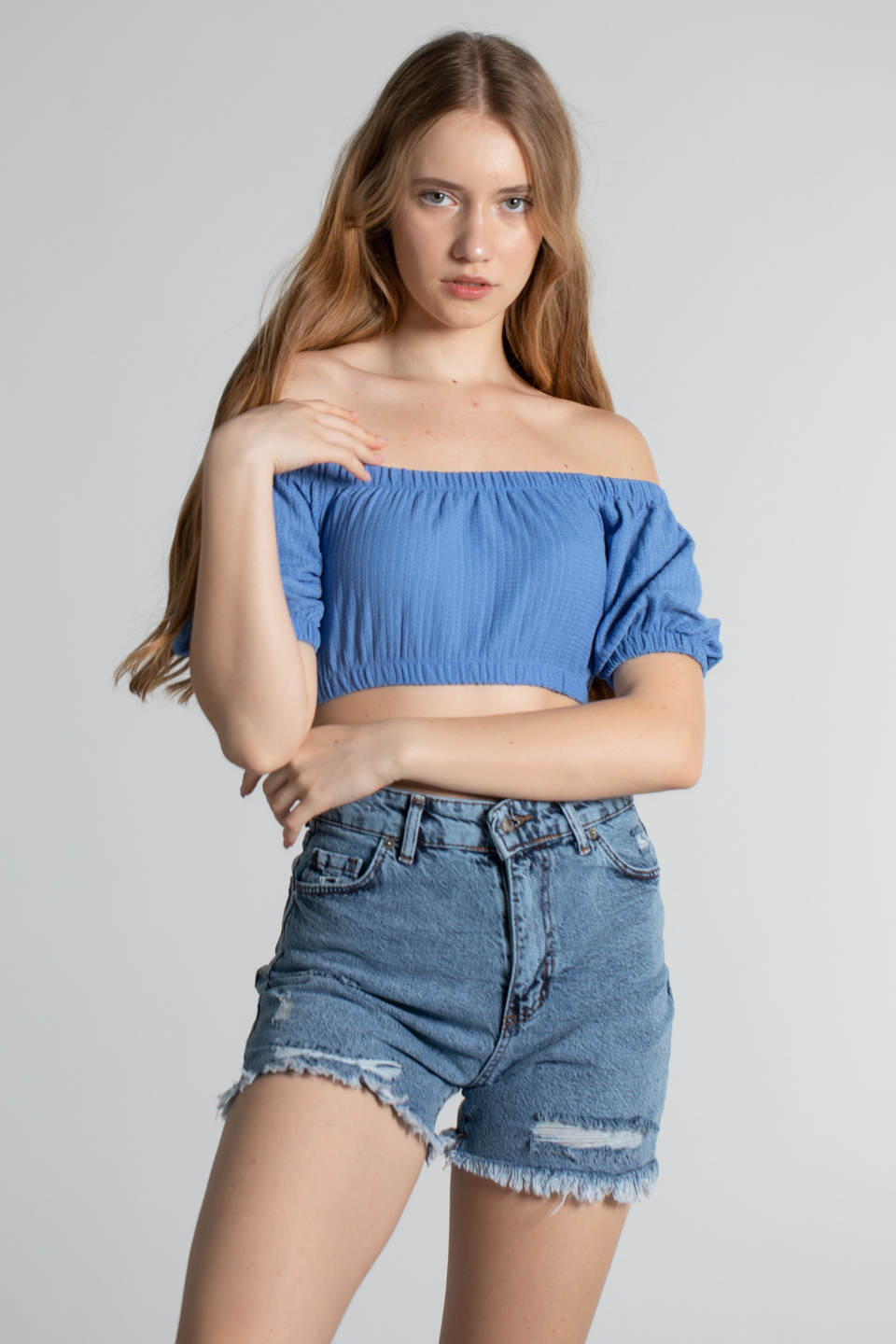 Kayık yaka bürümcük bluz-3522 Mavi