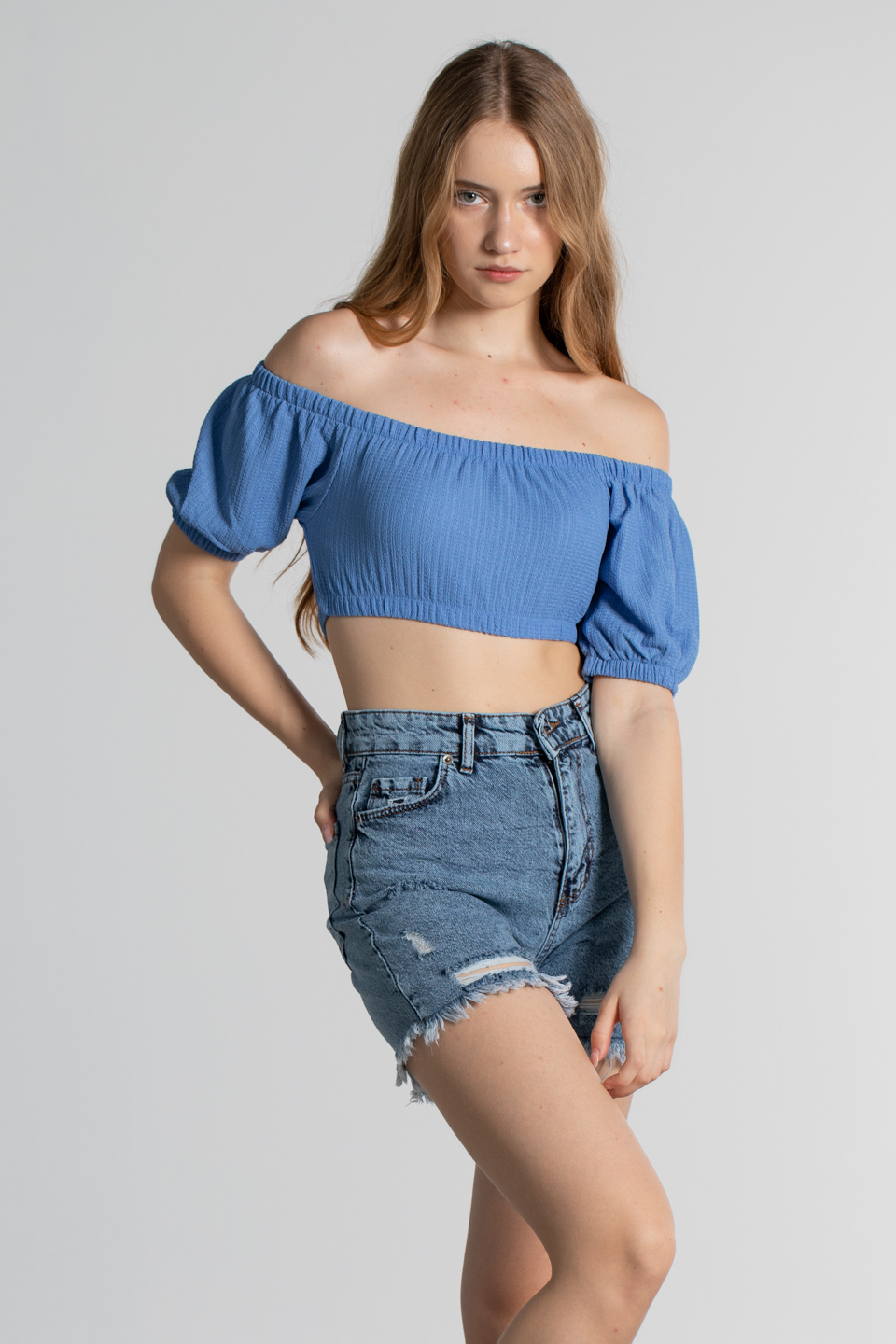 Kayık yaka bürümcük bluz-3522 Mavi