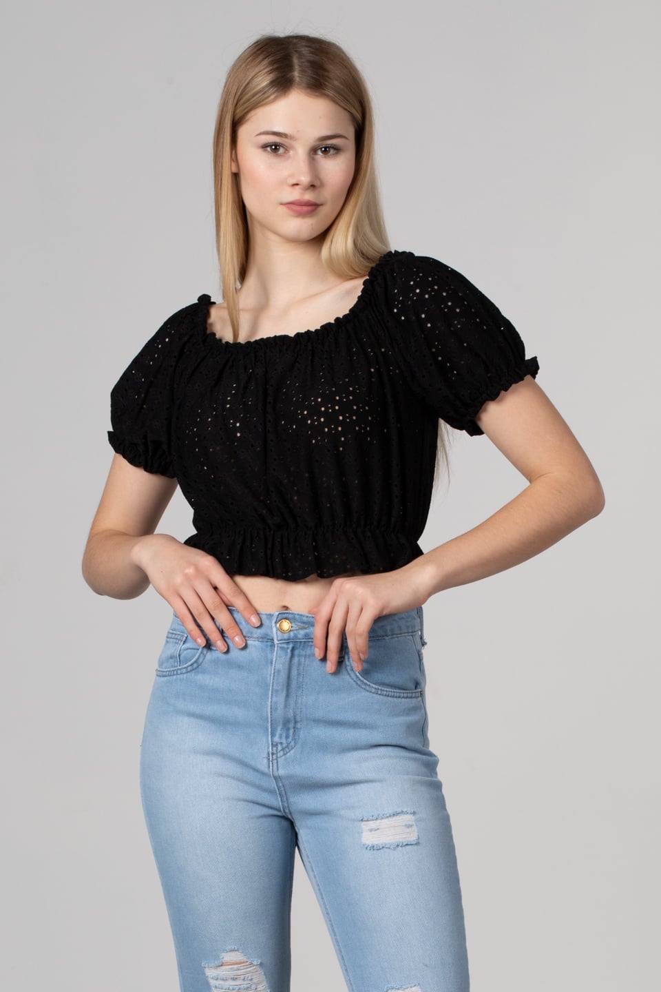 Kayık yaka kısa bluz-1328 Siyah