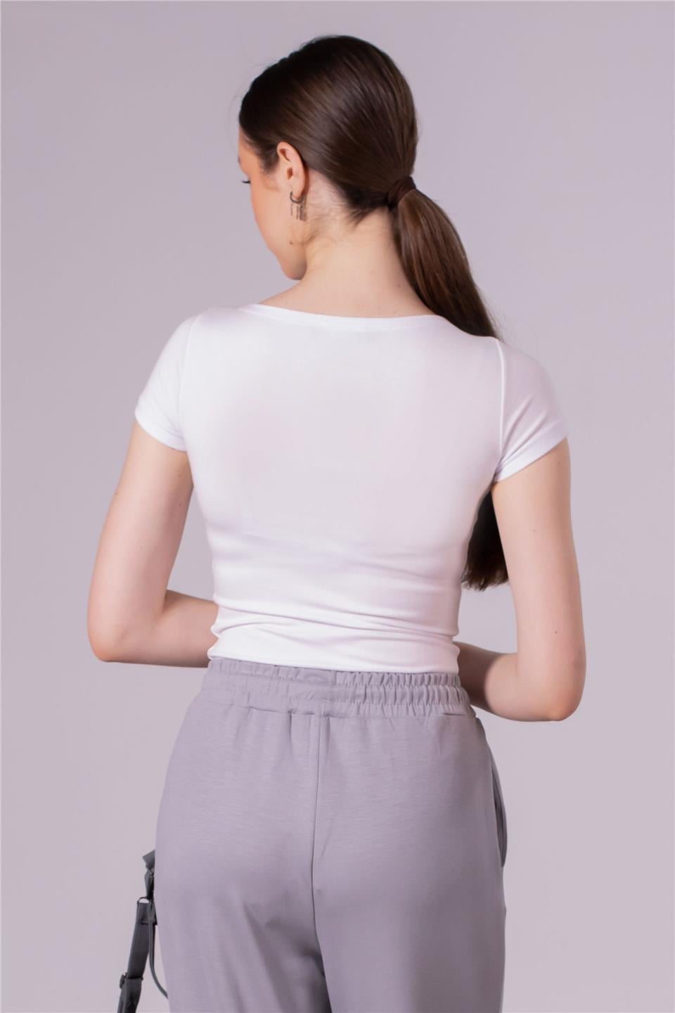 Kayık yaka kısa kol t-shirt-4298 Beyaz