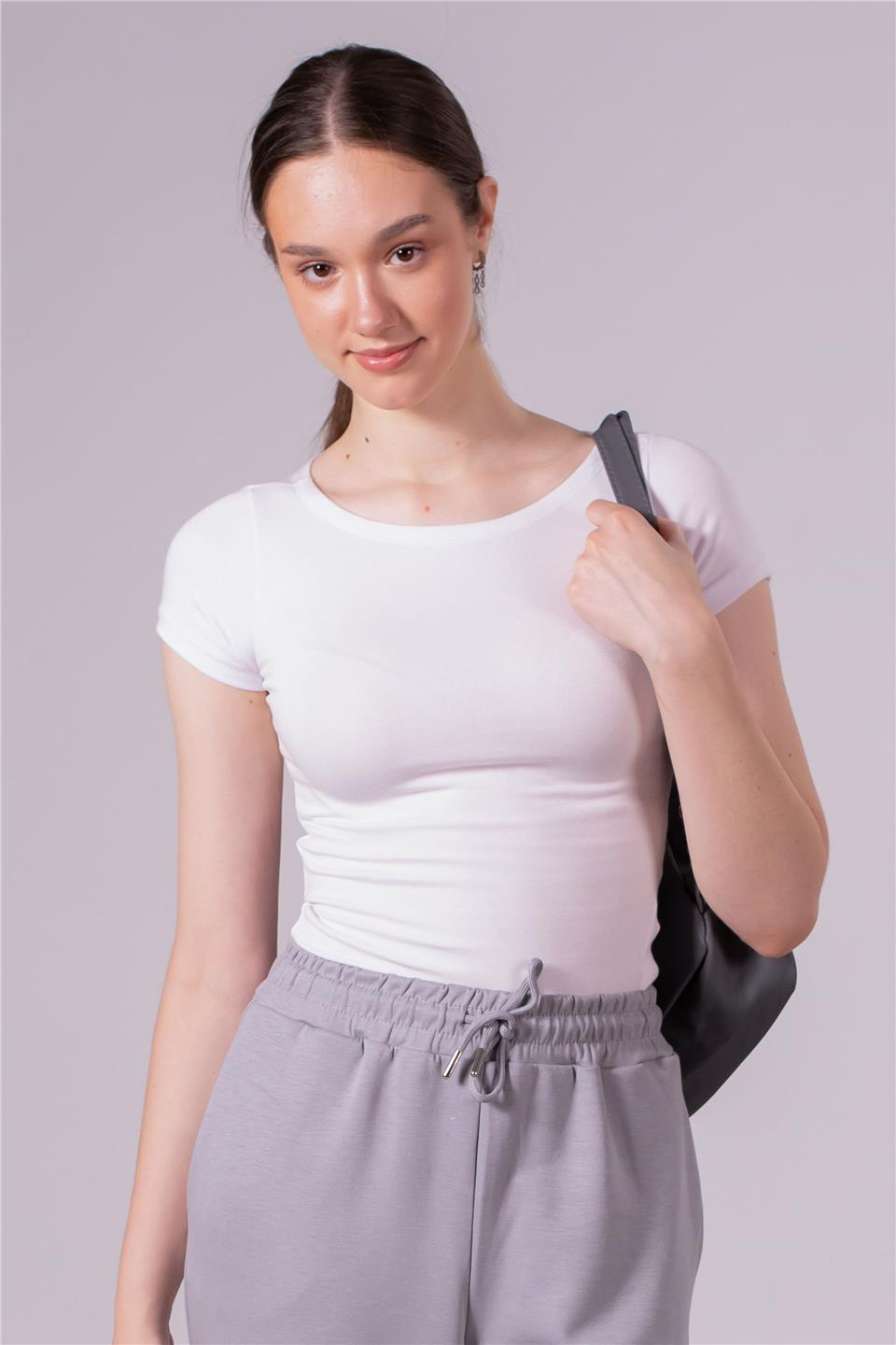 Kayık yaka kısa kol t-shirt-4298 Beyaz