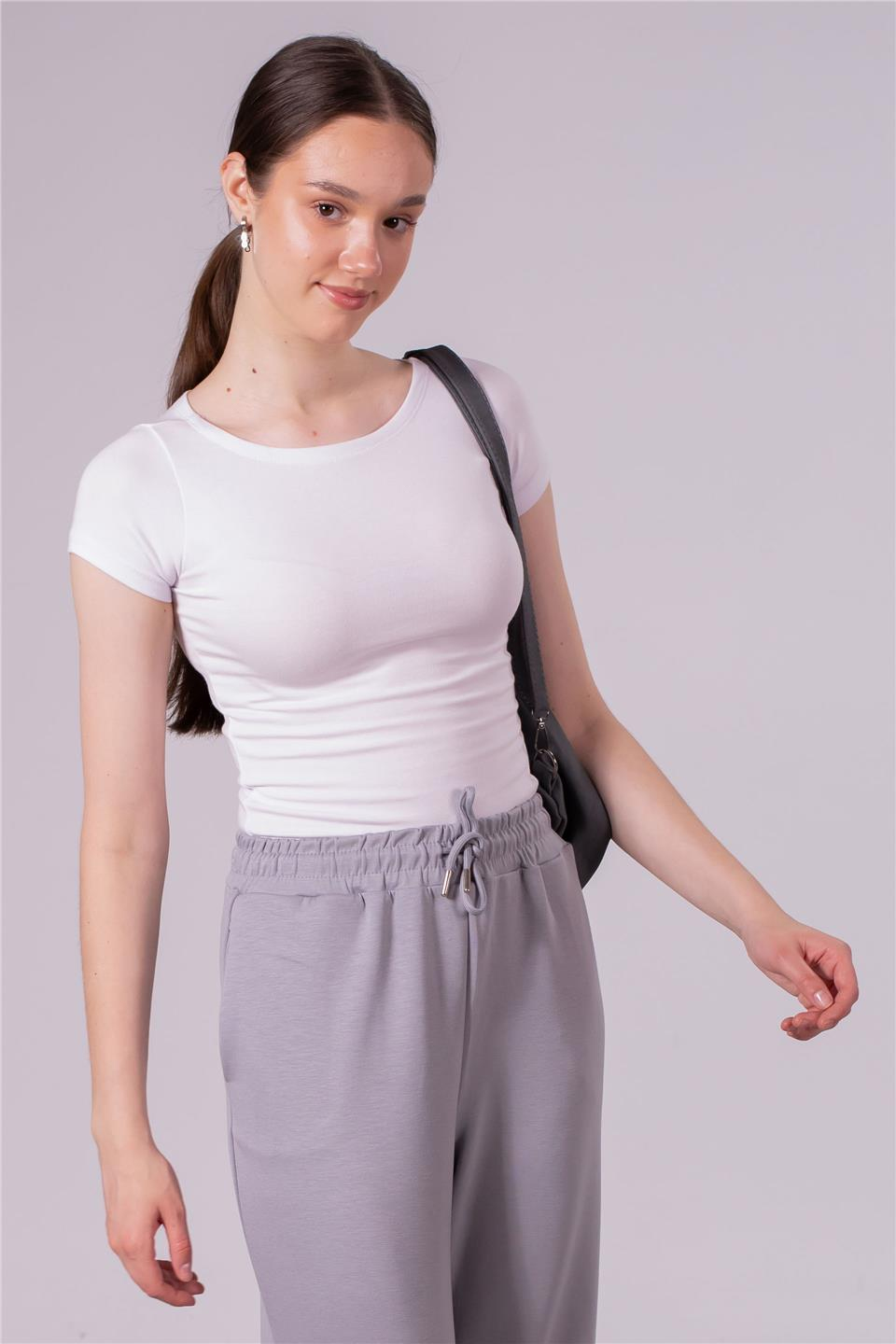 Kayık yaka kısa kol t-shirt-4298 Beyaz