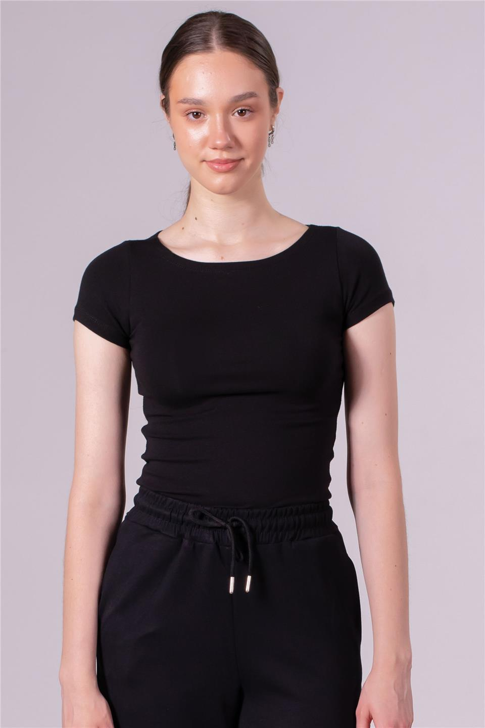 Kayık yaka kısa kol t-shirt-4298 Siyah