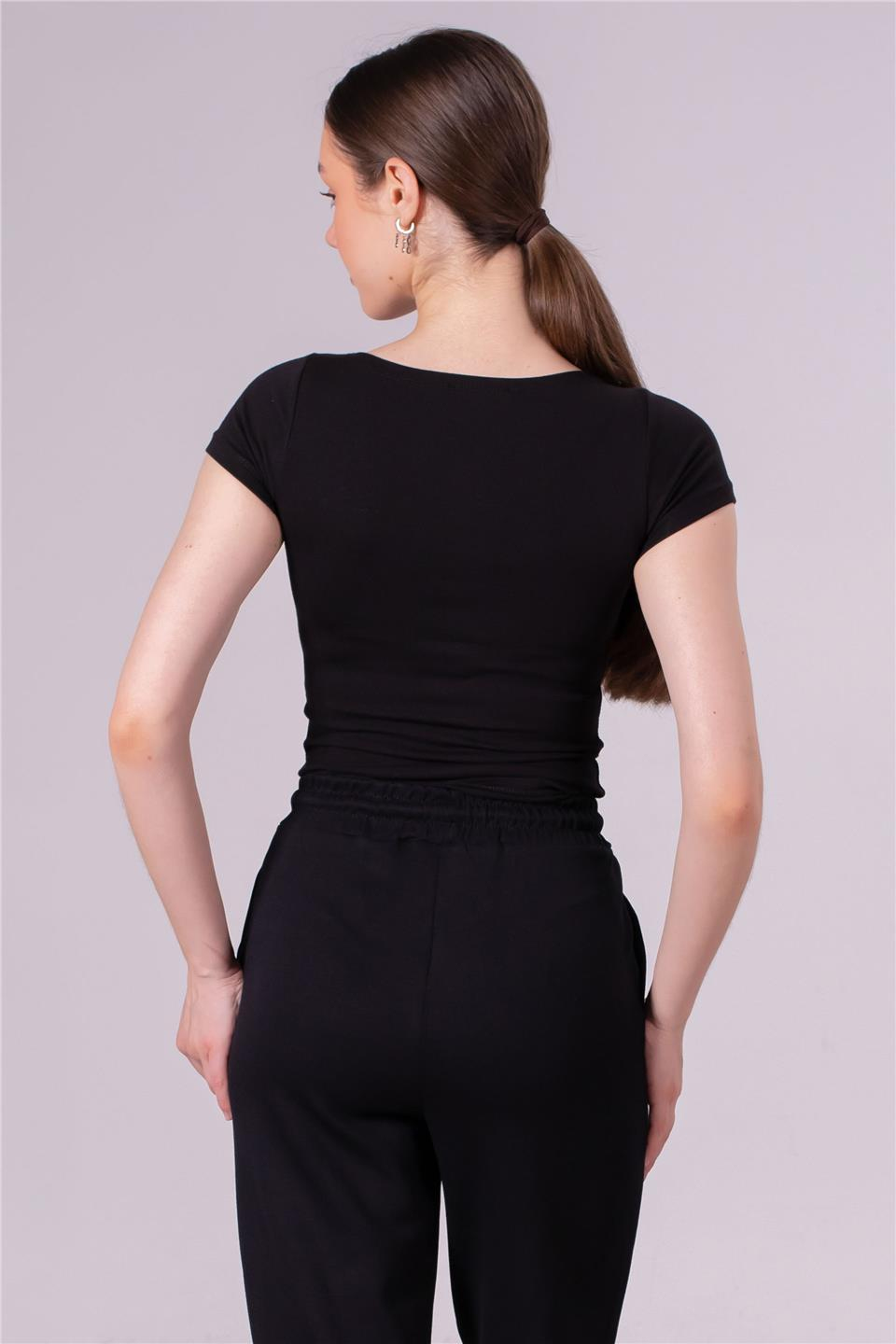 Kayık yaka kısa kol t-shirt-4298 Siyah