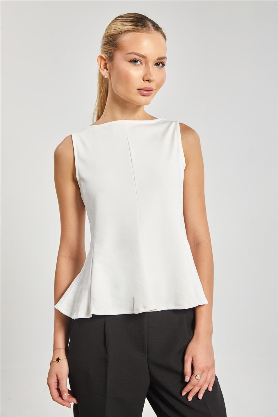 Kayık yaka kolsuz body-10798 Ekru