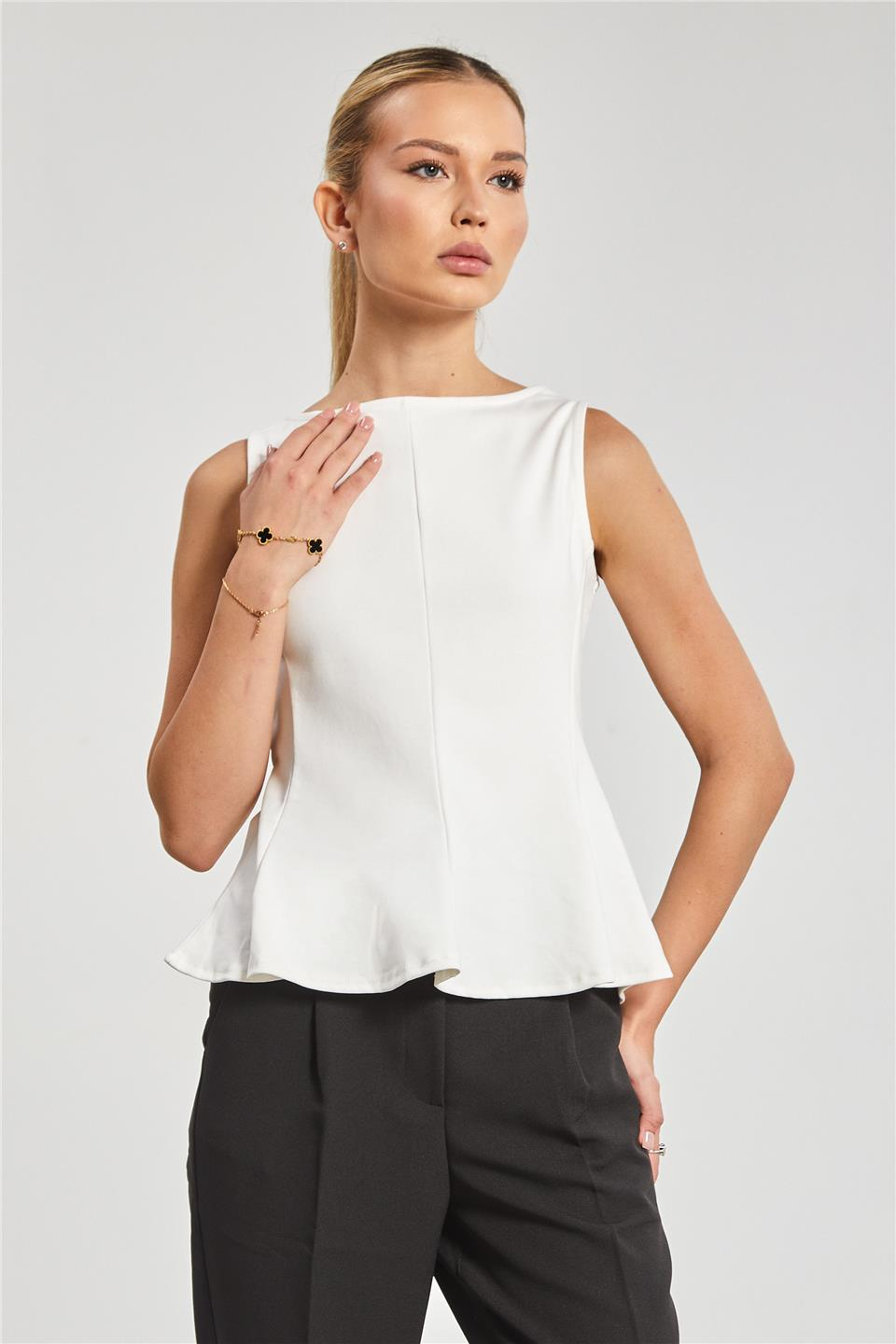 Kayık yaka kolsuz body-10798 Ekru