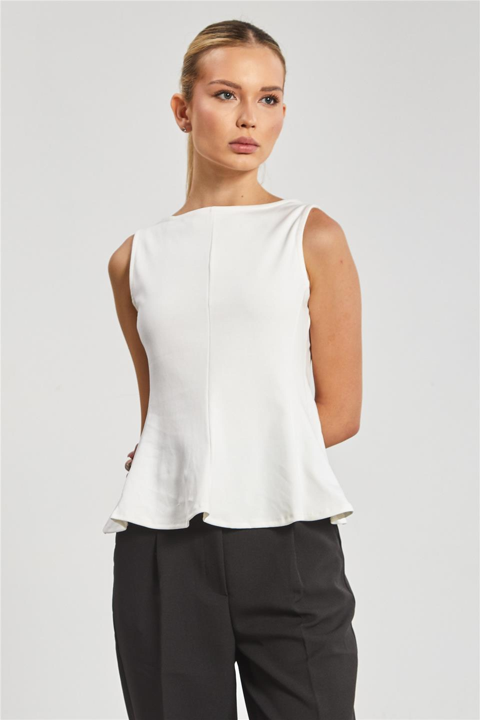 Kayık yaka kolsuz body-10798 Ekru