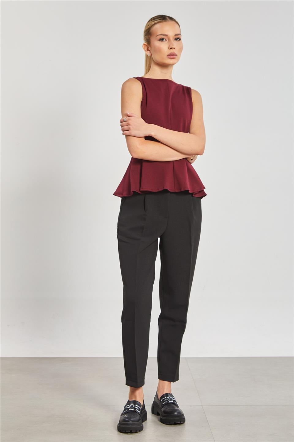 Kayık yaka kolsuz body-10798 Vişne