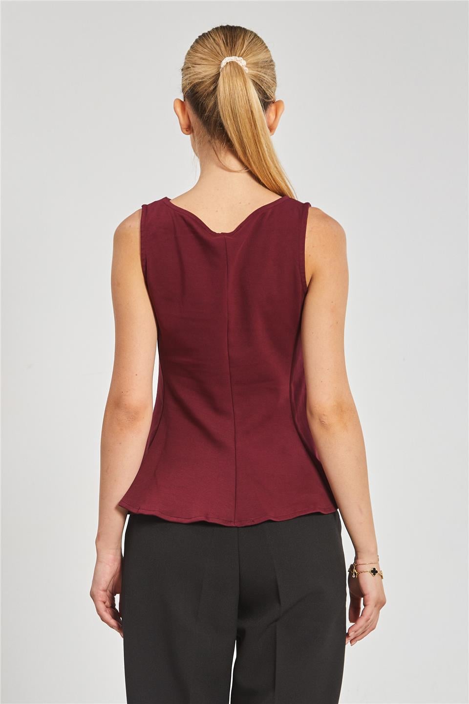 Kayık yaka kolsuz body-10798 Vişne