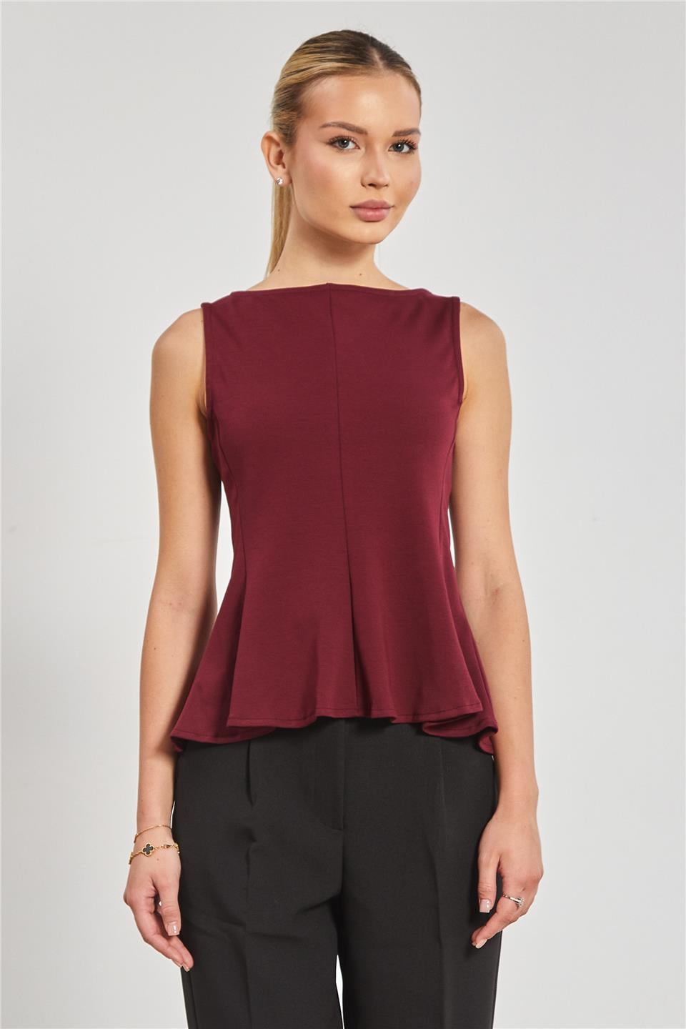 Kayık yaka kolsuz body-10798 Vişne