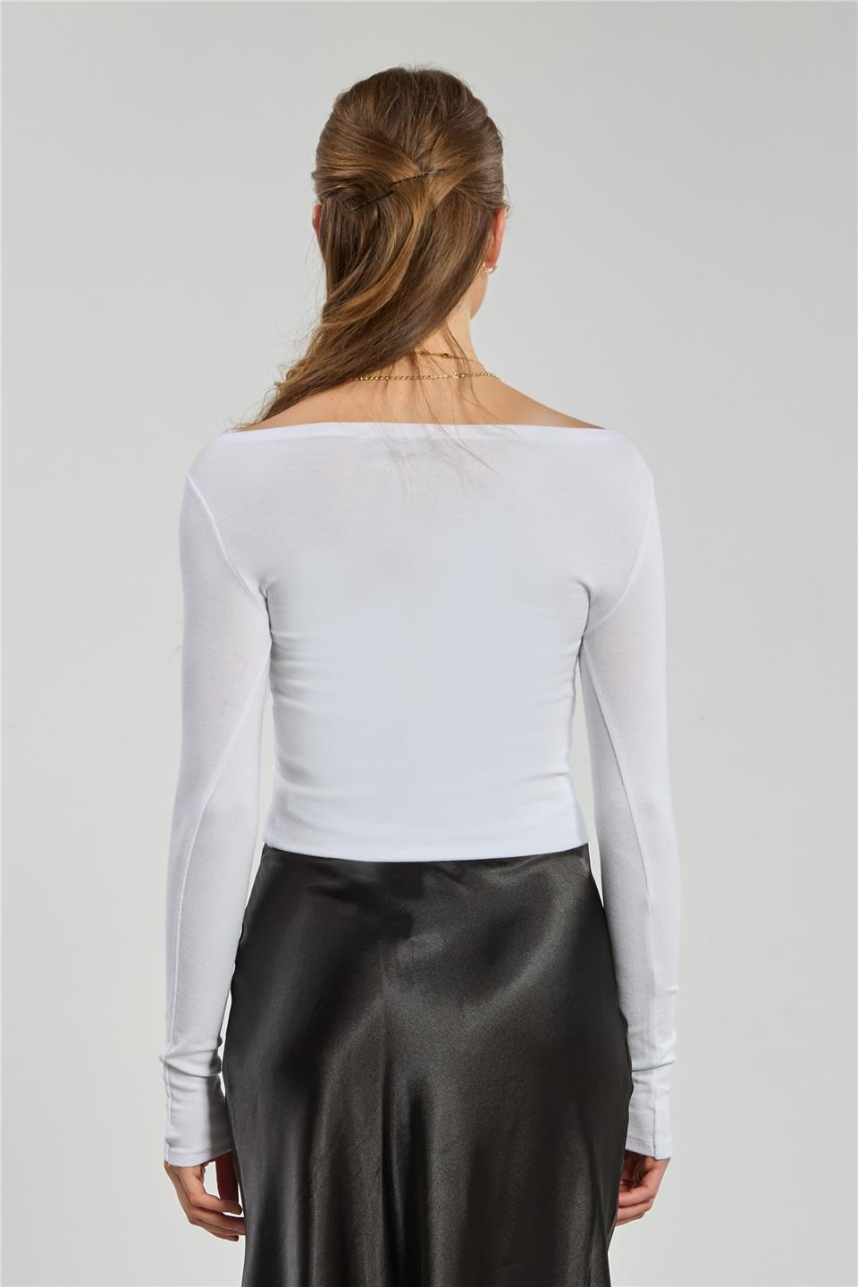 Kayık yaka uzun kol body-4419 Beyaz