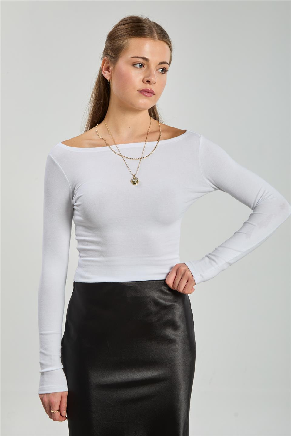 Kayık yaka uzun kol body-4419 Beyaz