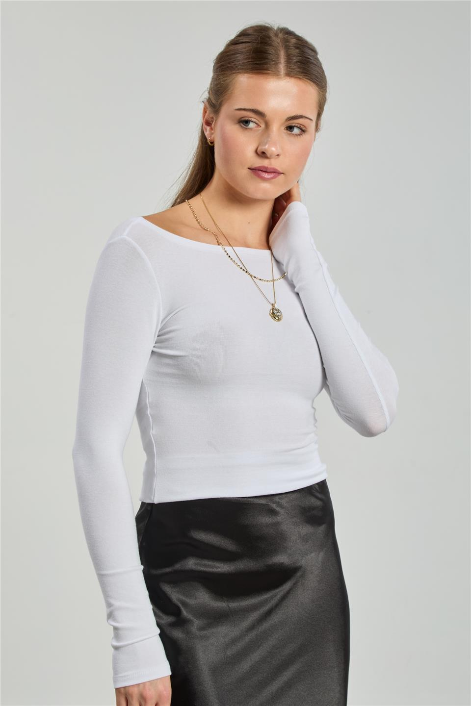 Kayık yaka uzun kol body-4419 Beyaz