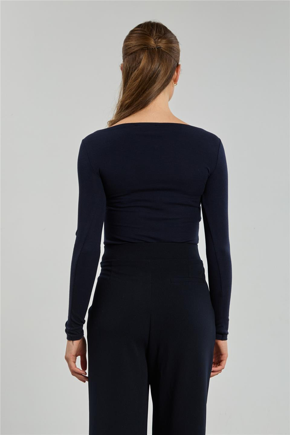 Kayık yaka uzun kol body-4419 Lacivert