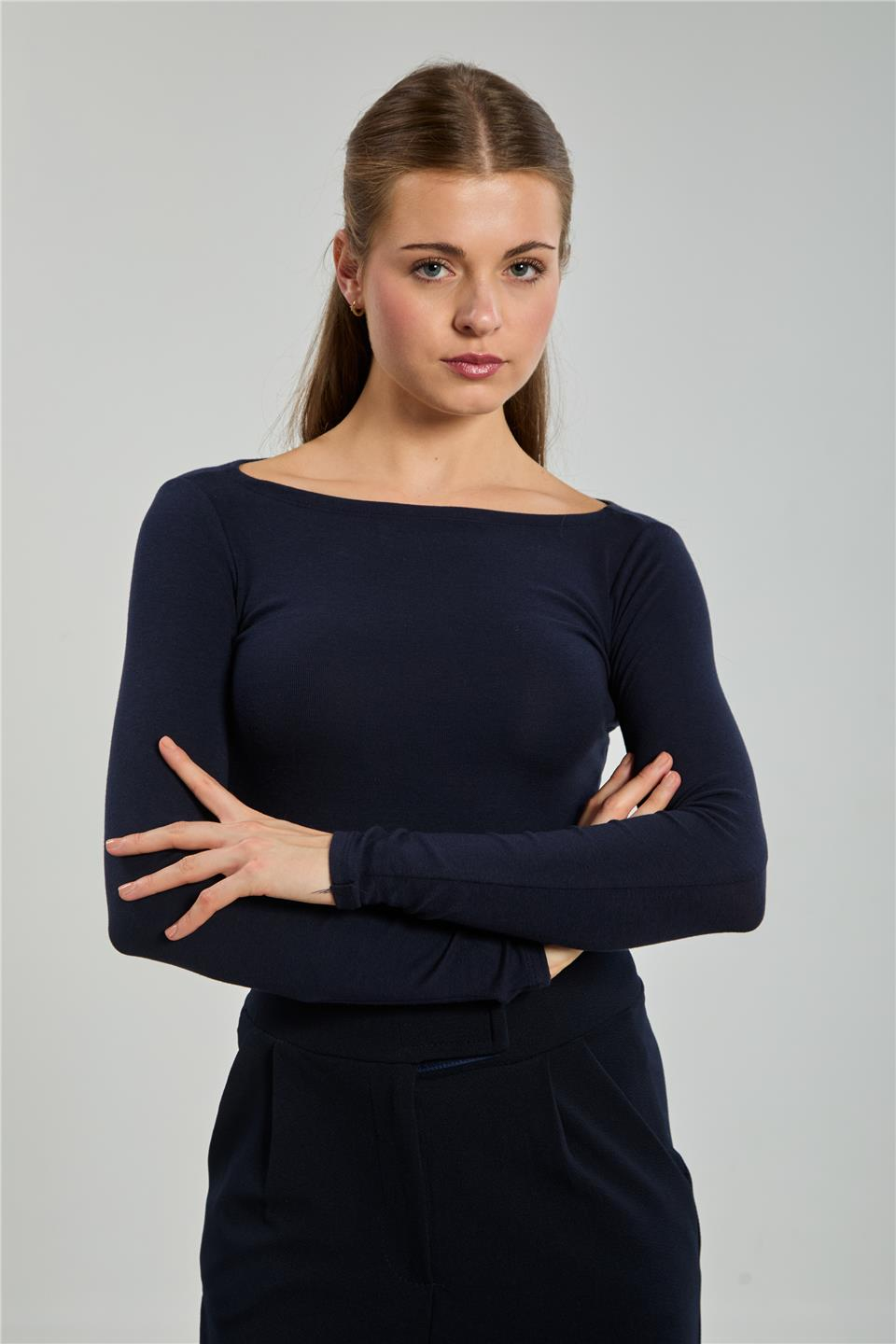 Kayık yaka uzun kol body-4419 Lacivert