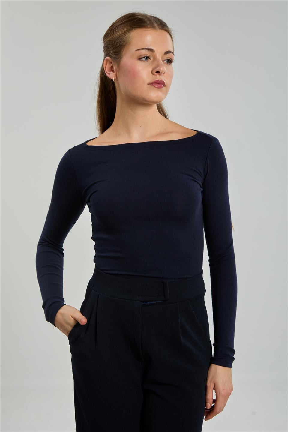 Kayık yaka uzun kol body-4419 Lacivert