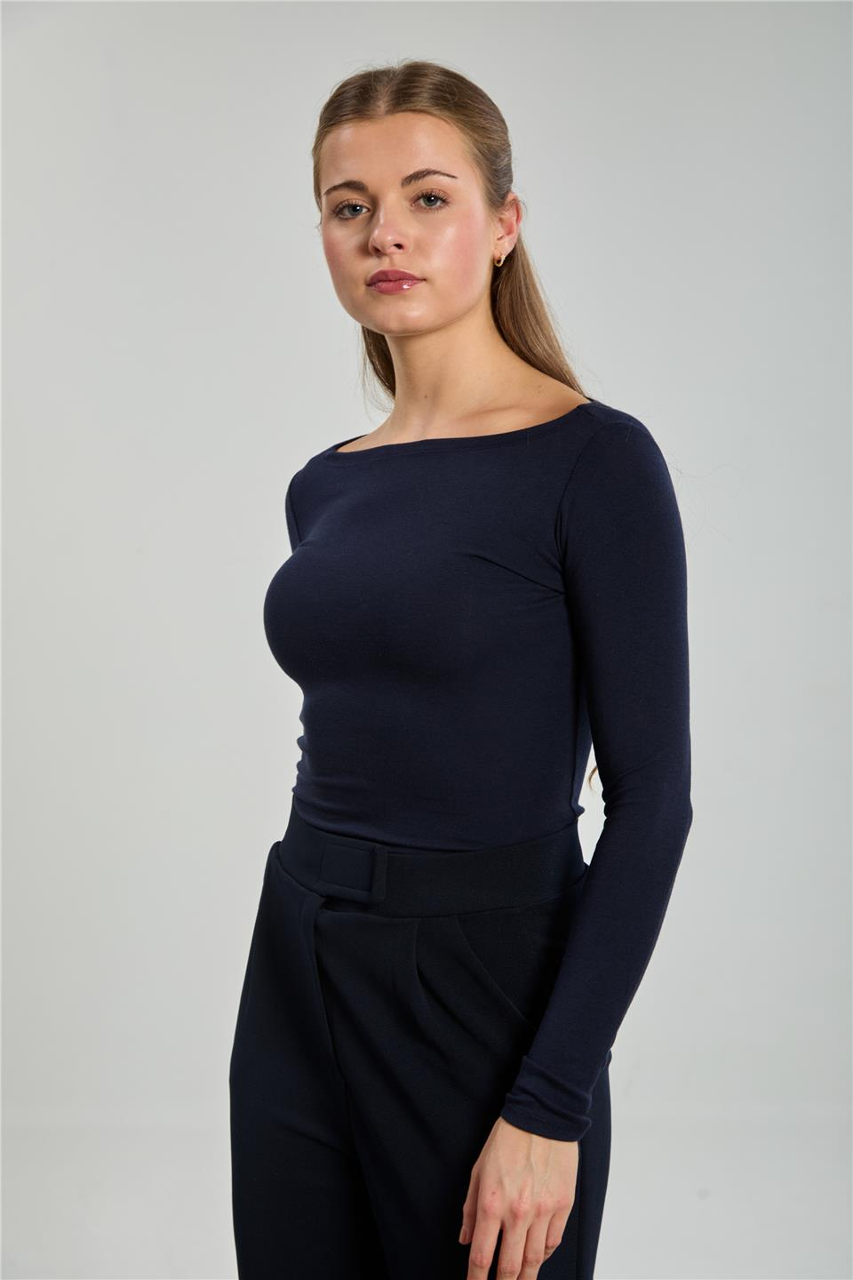 Kayık yaka uzun kol body-4419 Lacivert