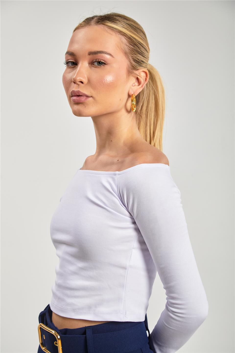 Kayık yaka uzun kol body-6523 Beyaz