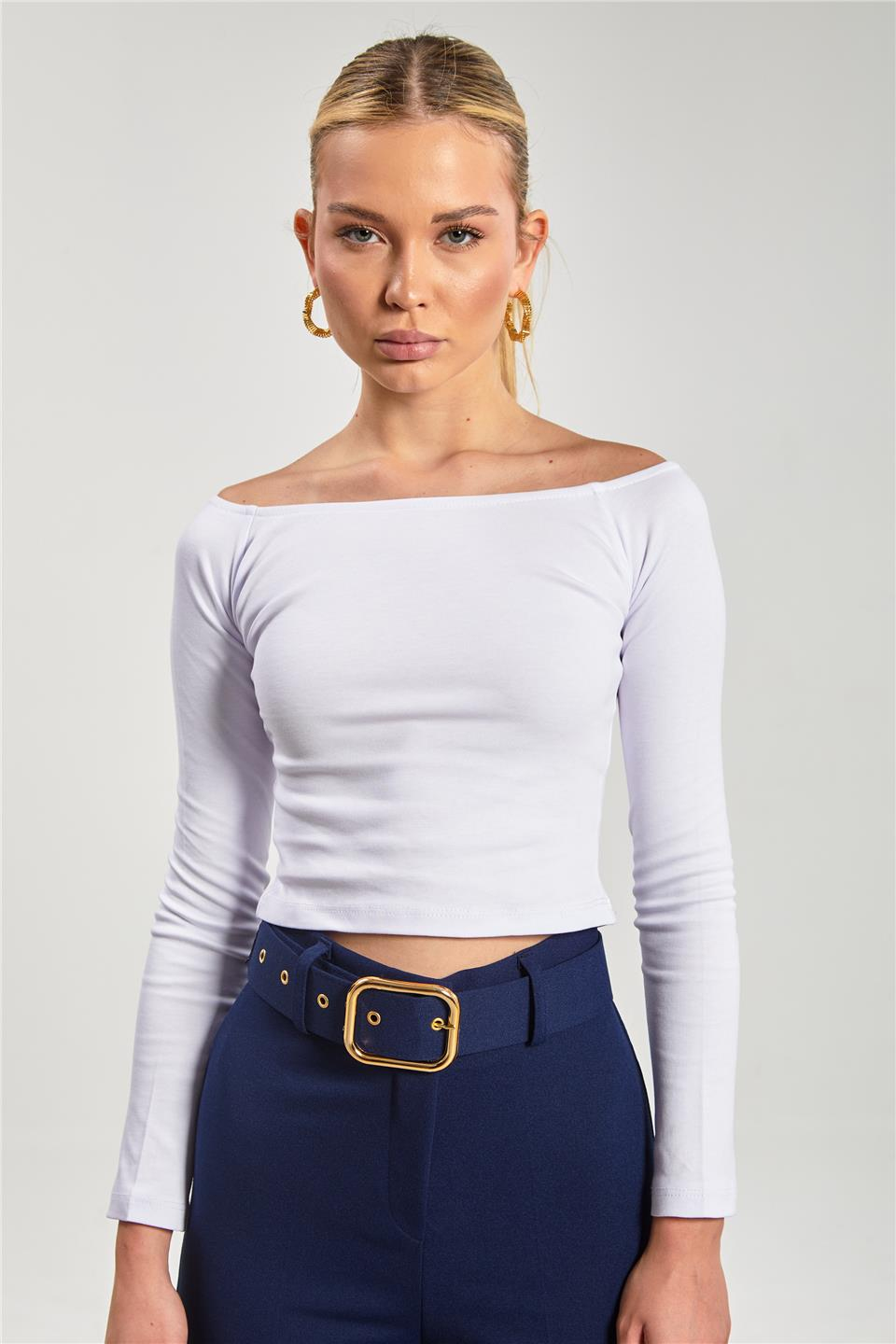 Kayık yaka uzun kol body-6523 Beyaz