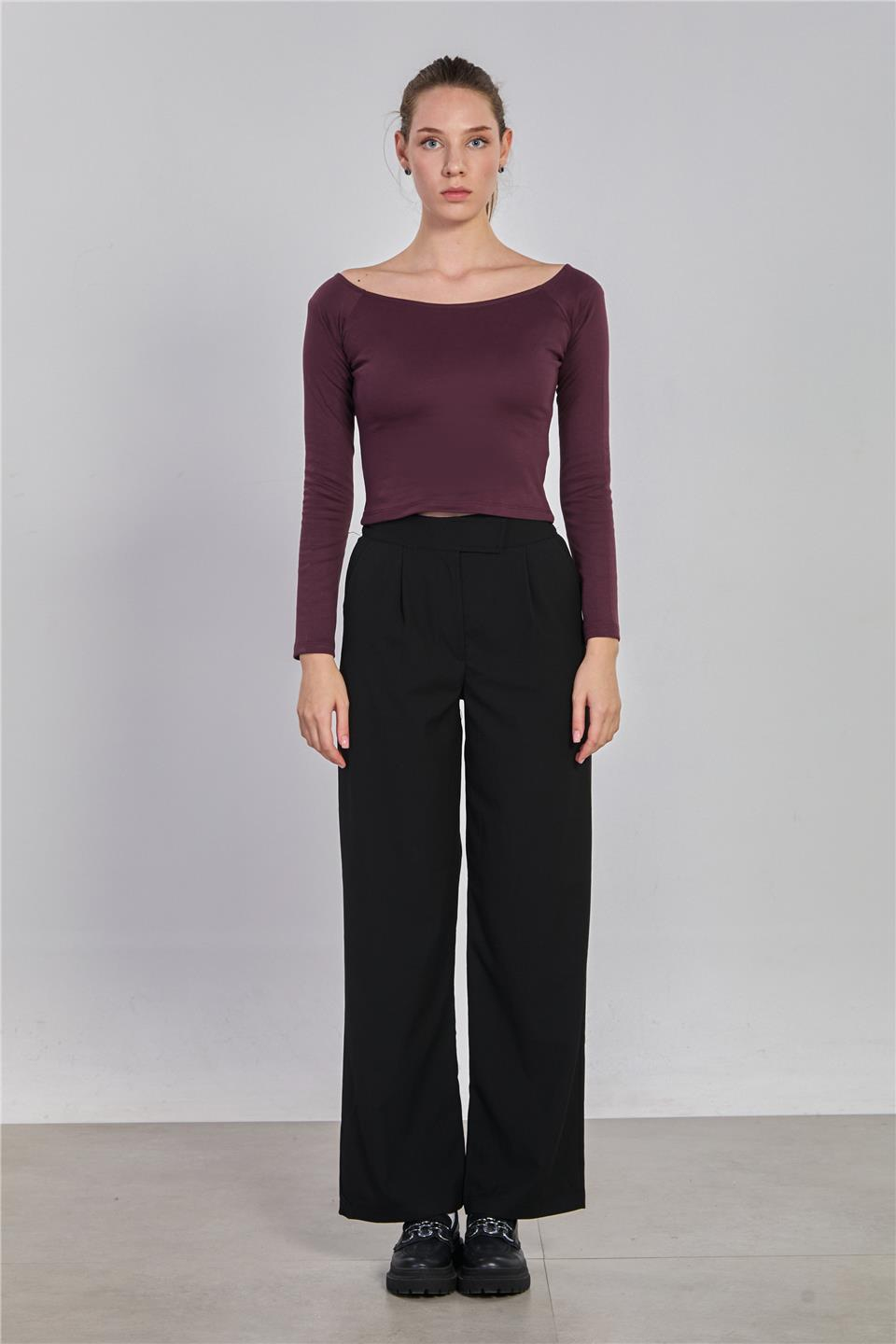 Kayık yaka uzun kol body-6523 Mürdüm