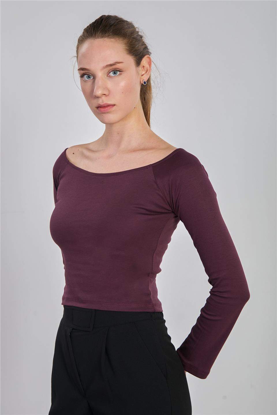 Kayık yaka uzun kol body-6523 Mürdüm