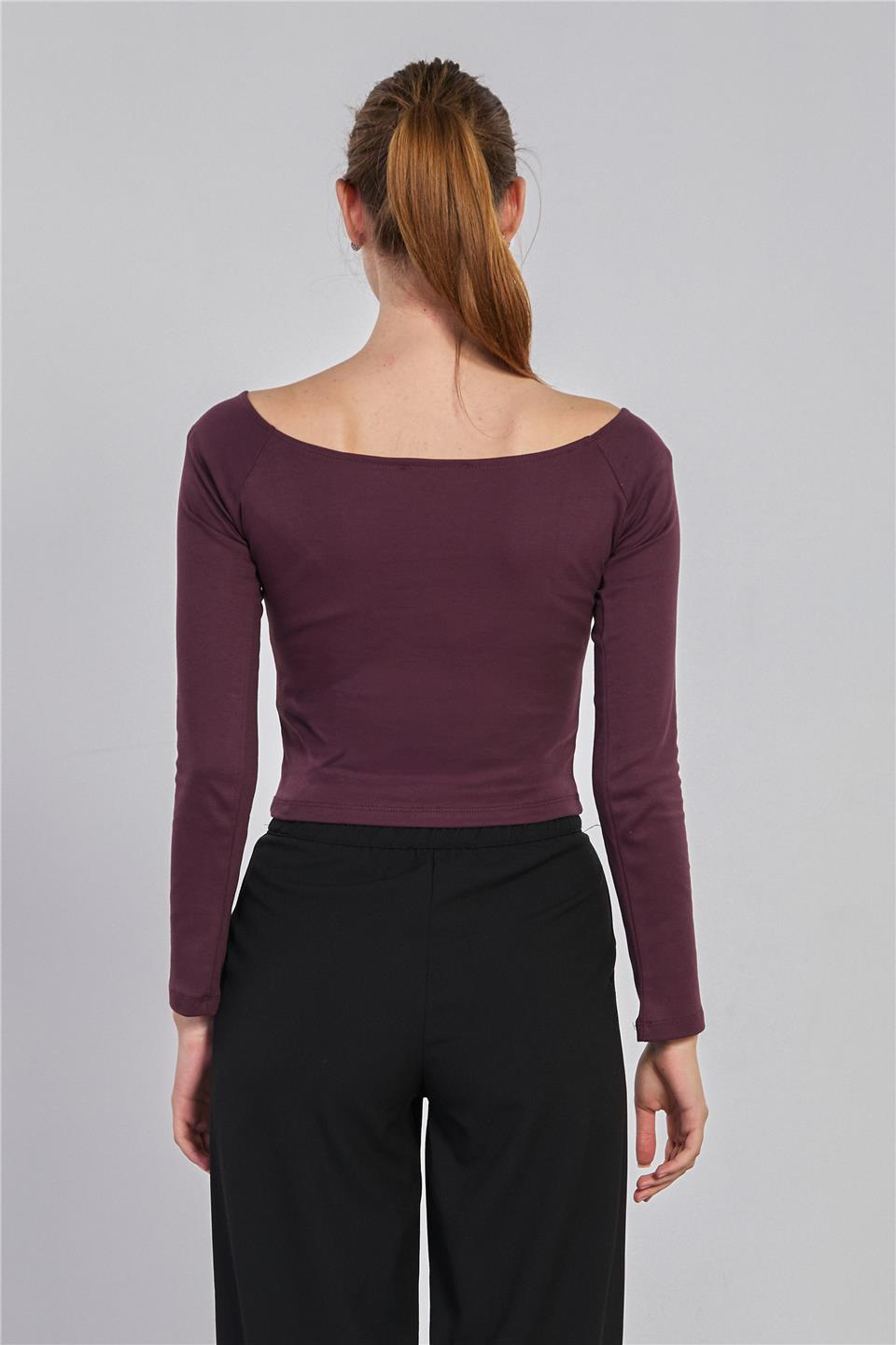 Kayık yaka uzun kol body-6523 Mürdüm