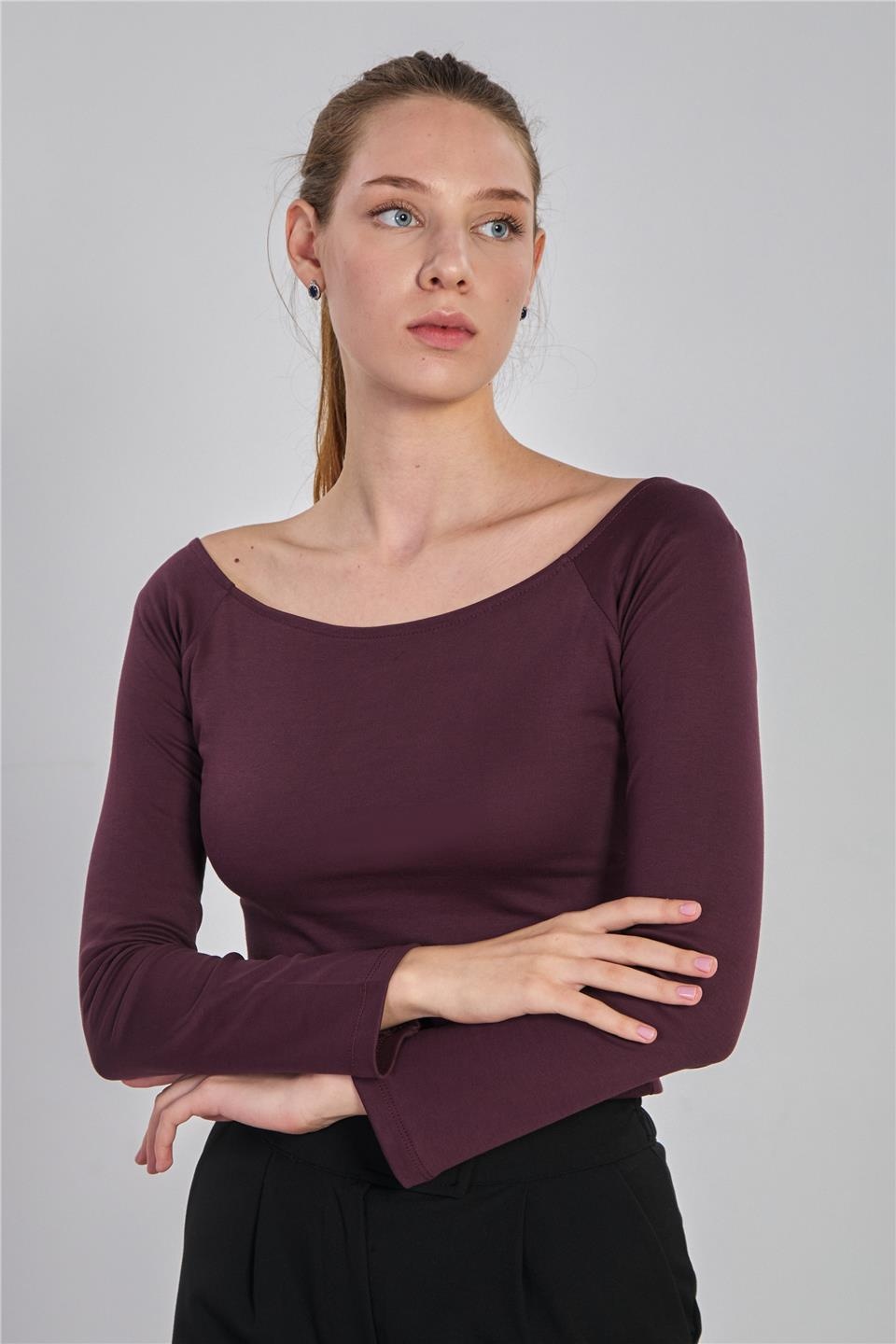 Kayık yaka uzun kol body-6523 Mürdüm