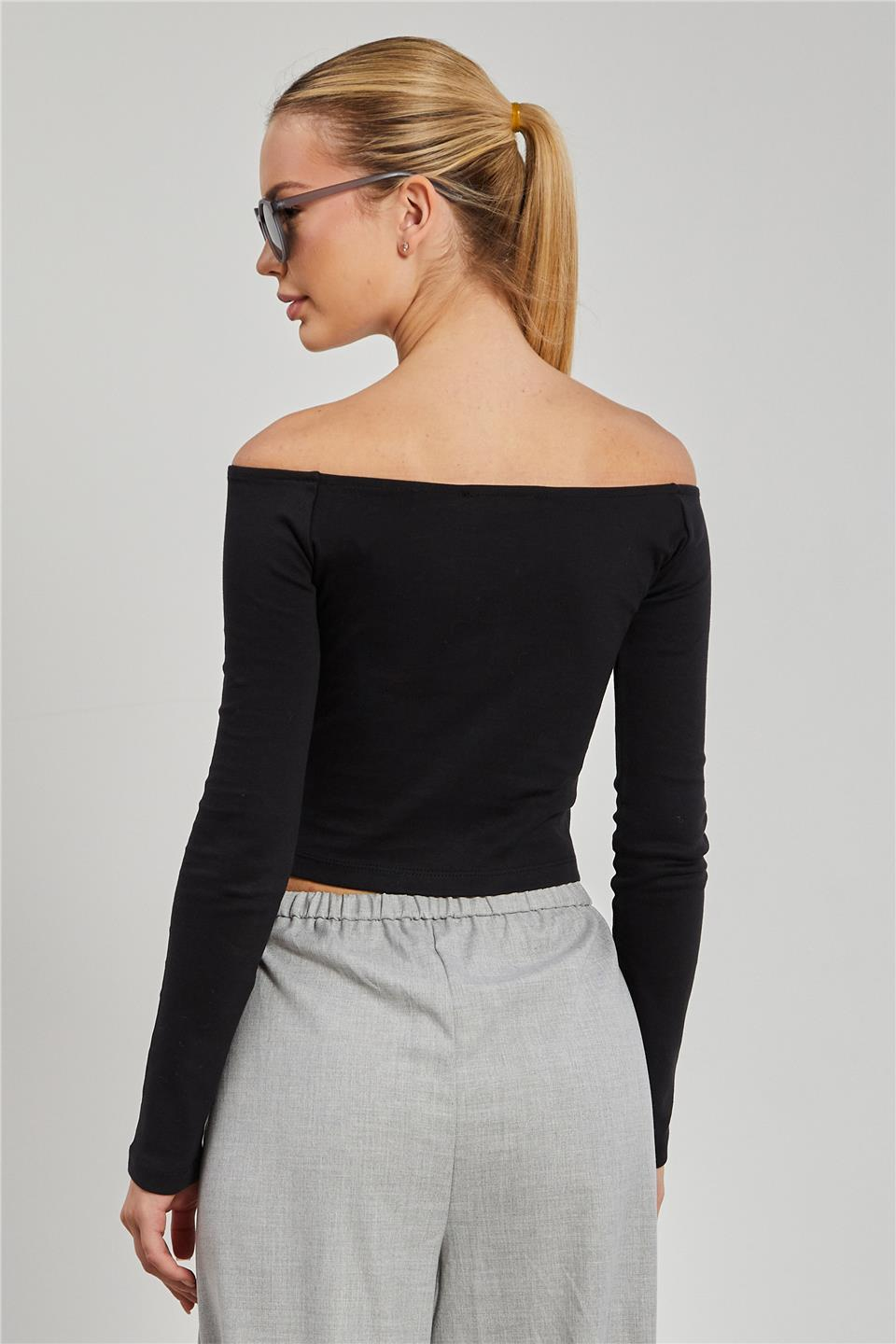 Kayık Yaka Uzun Kol Body - Siyah