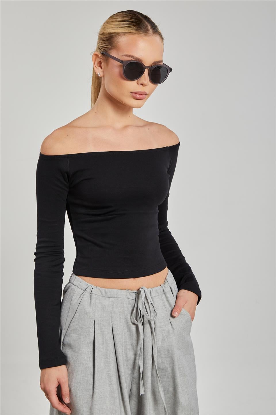 Kayık Yaka Uzun Kol Body - Siyah