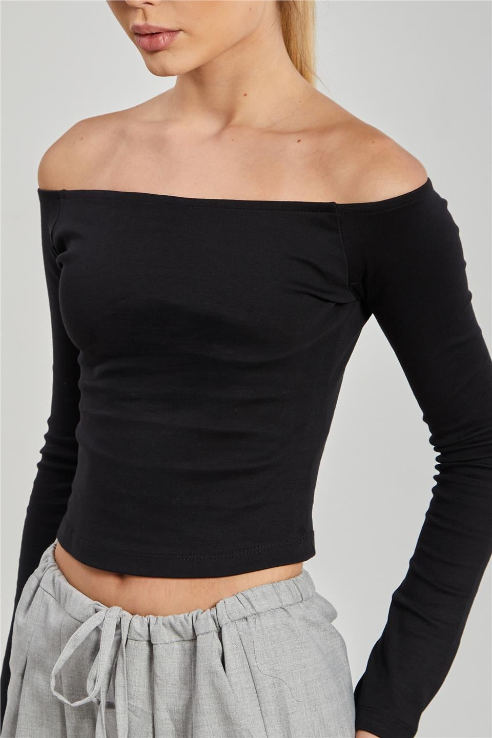 Kayık Yaka Uzun Kol Body - Siyah