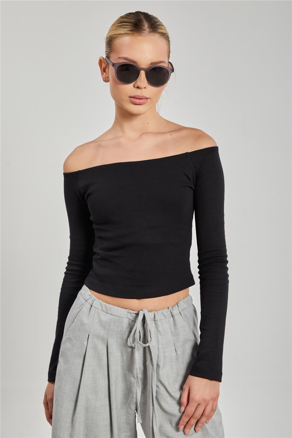 Kayık Yaka Uzun Kol Body - Siyah