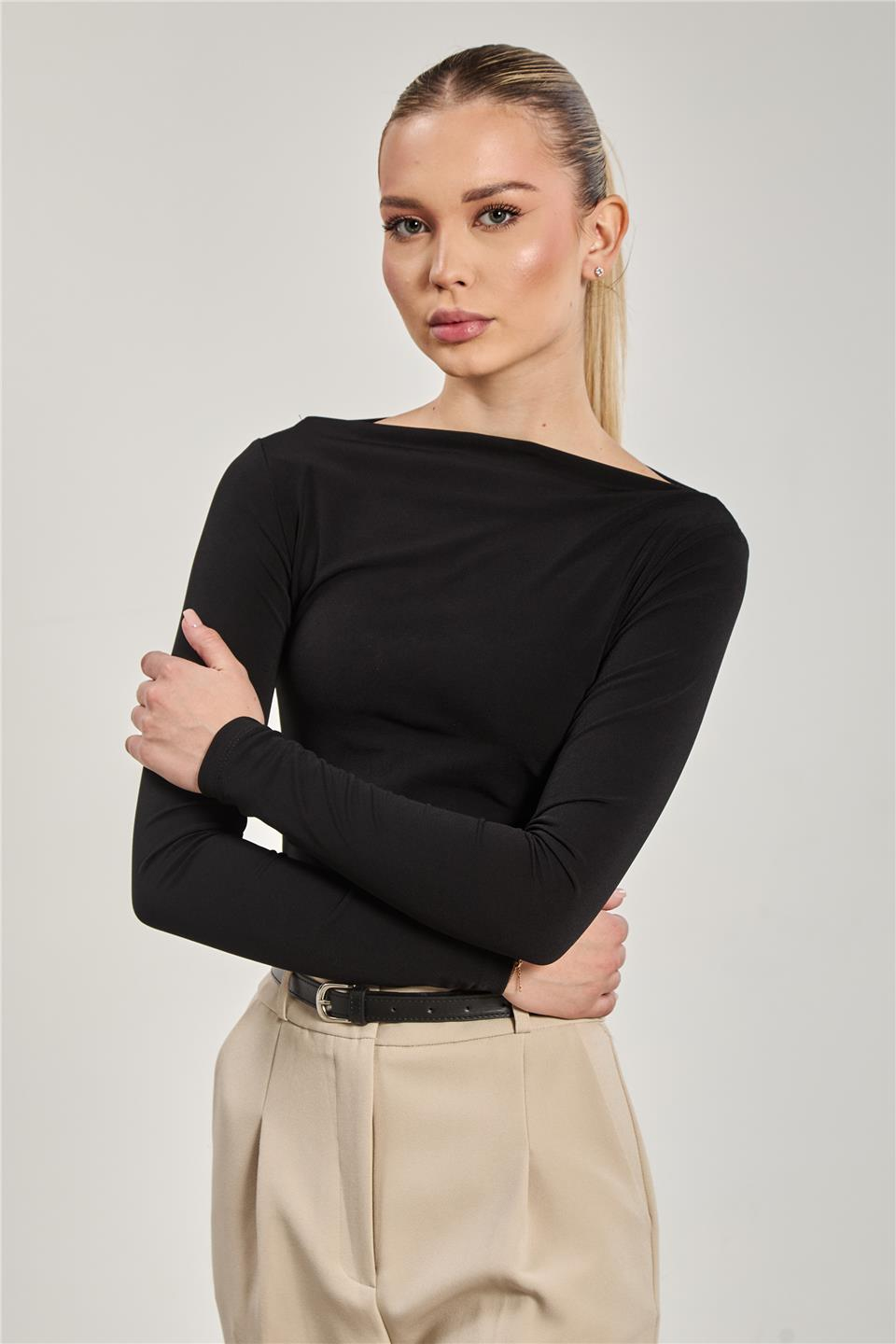 Kayık yaka uzun kollu body-10128 Siyah