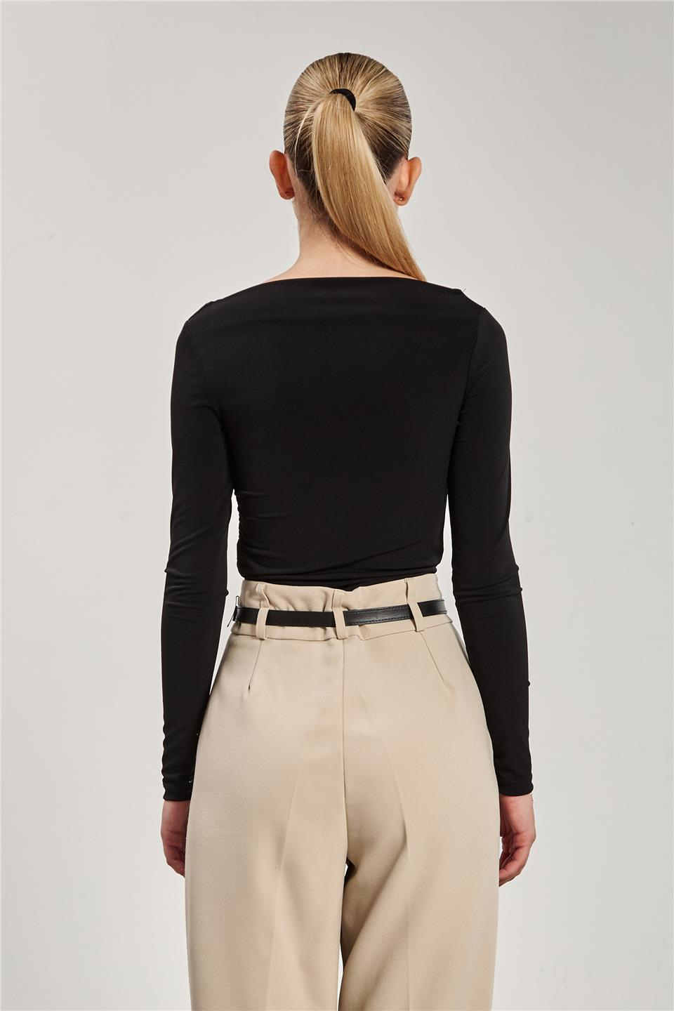 Kayık yaka uzun kollu body-10128 Siyah