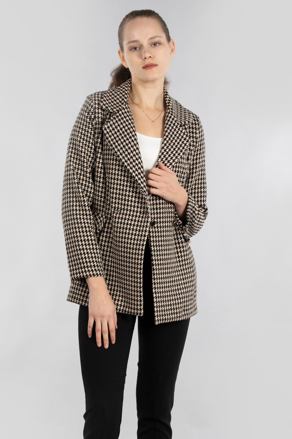 Kazayağı blazer ceket-22070 Siyah/Beyaz
