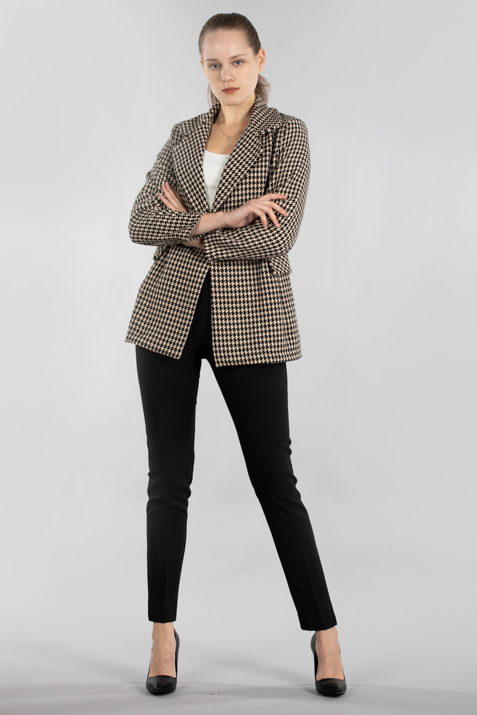 Kazayağı blazer ceket-22070 Siyah/Beyaz