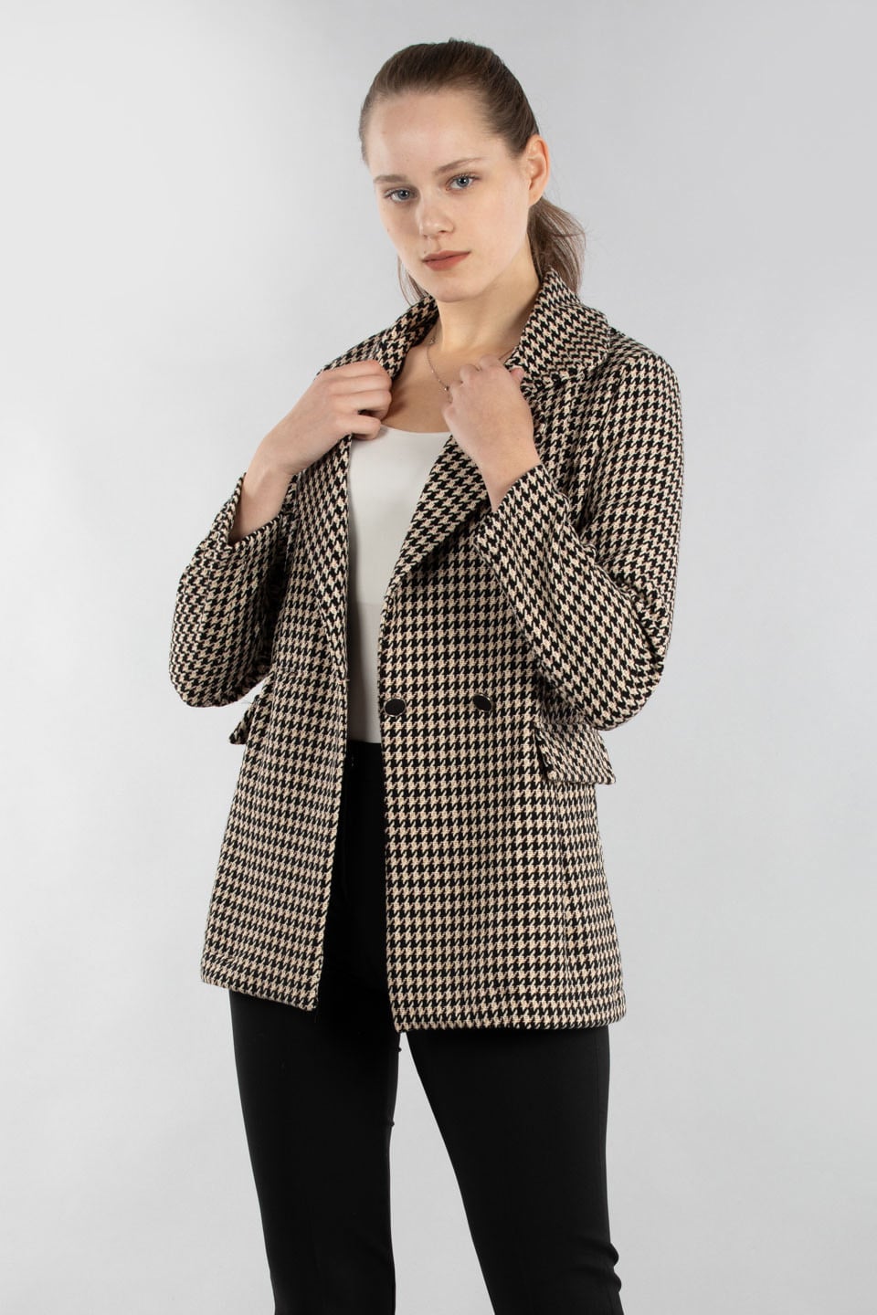 Kazayağı blazer ceket-22070 Siyah/Beyaz