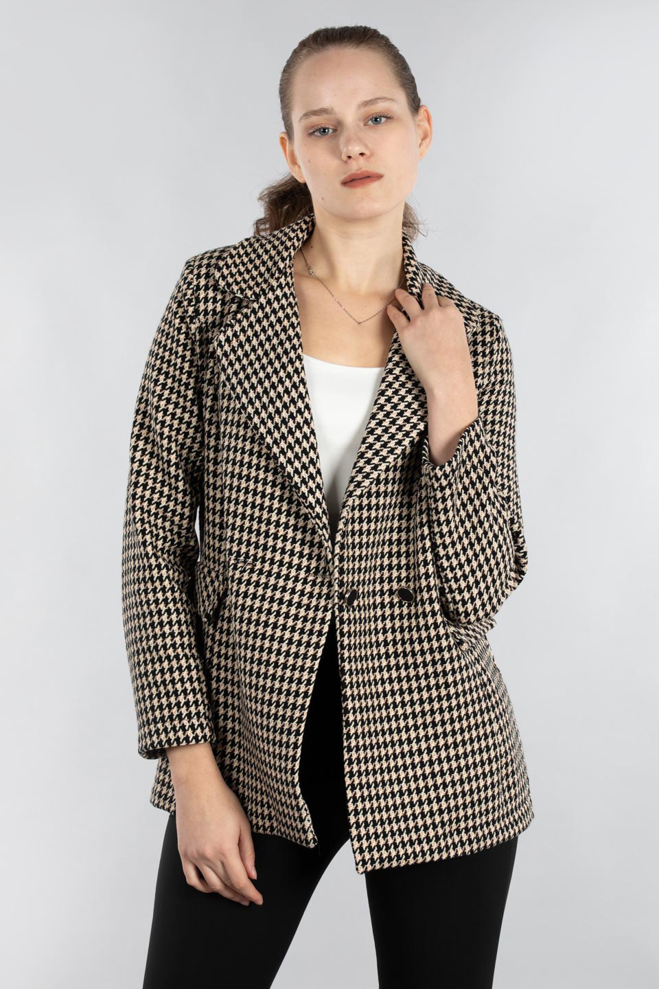 Kazayağı blazer ceket-22070 Siyah/Beyaz