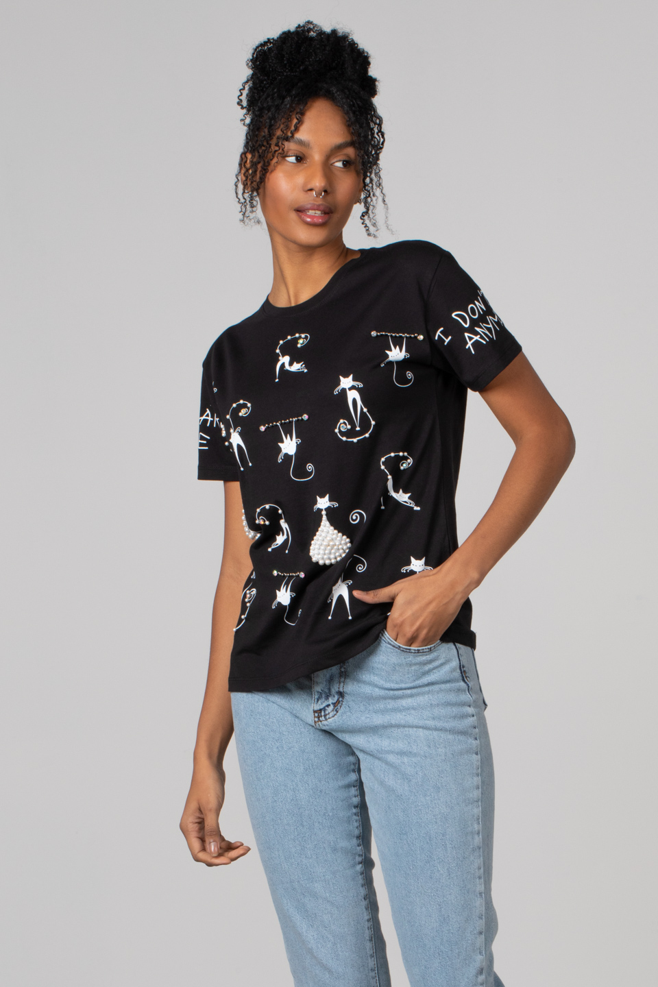 Kedi baskılı taşlı t-shirt-7577 Siyah
