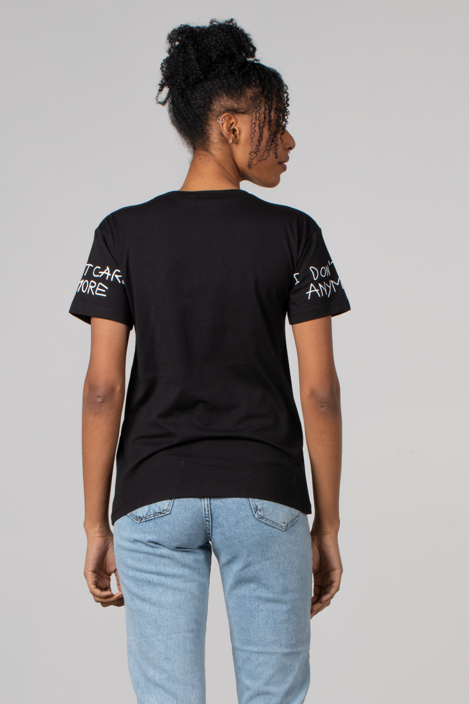 Kedi baskılı taşlı t-shirt-7577 Siyah